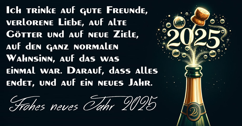 Bild zur Feier des neuen Jahres und fröhlicher Text der Wünsche: Ich trinke auf gute Freunde, verlorene Liebe, auf alte Götter und auf neue Ziele, auf den ganz normalen Wahnsinn, auf das was einmal war. Darauf, dass alles endet, und auf ein neues Jahr. Frohes neues Jahr 2025
