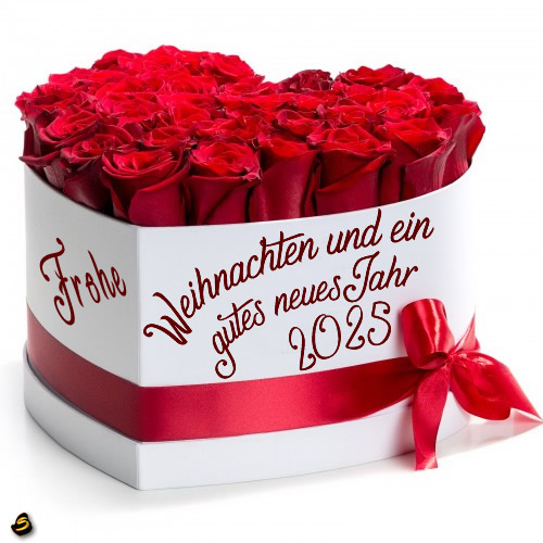 Bild mit einem schönen Strauß roter Rosen in einer herzförmigen Schachtel mit der Aufschrift Frohe Weihnachten und ein gutes neues Jahr 2025