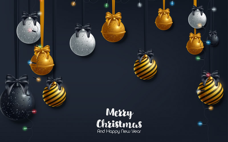 elegantes Bild mit dekorativen Weihnachtskugeln in Englisch Merry Christmas and Happy New Year 2025