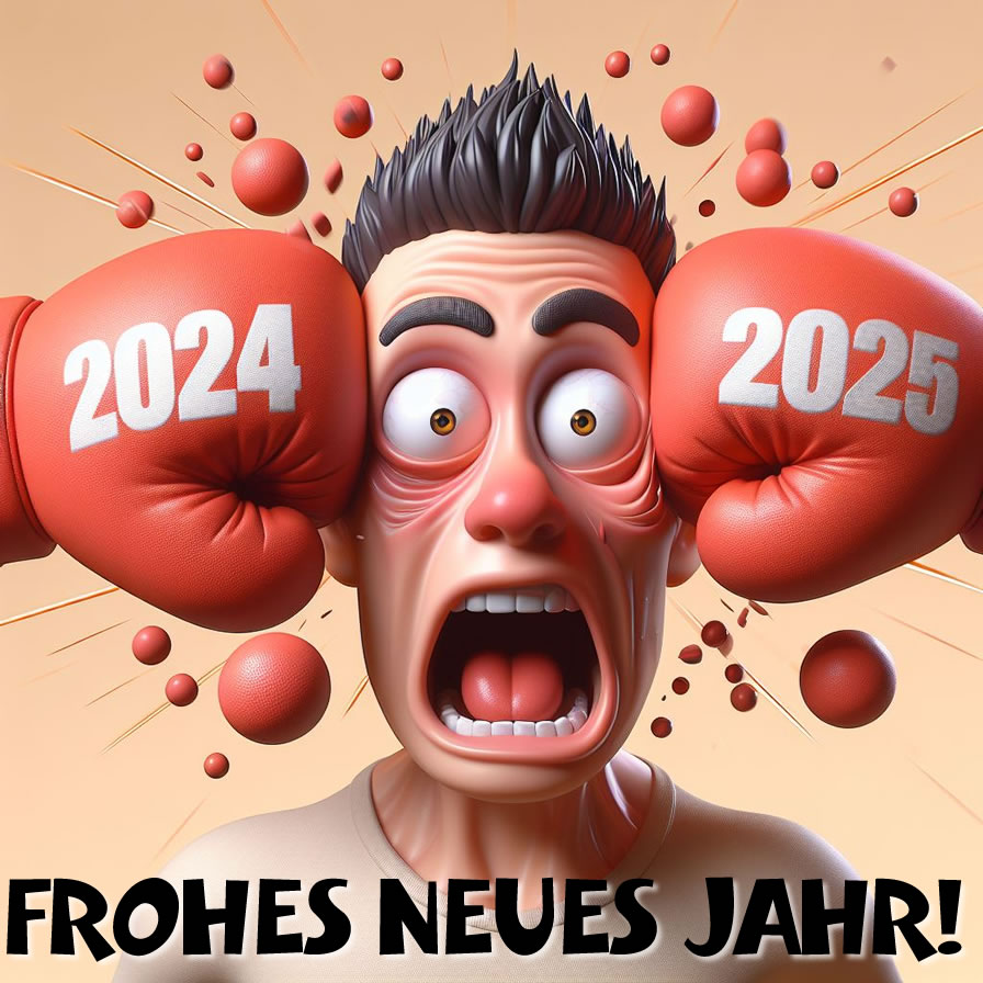 Humorvoller Cartoon-Neujahrsgruß: Mit zwei Fäusten geballt, das Gesicht zwischen dem alten Jahr und dem neuen 2025 zerquetscht.