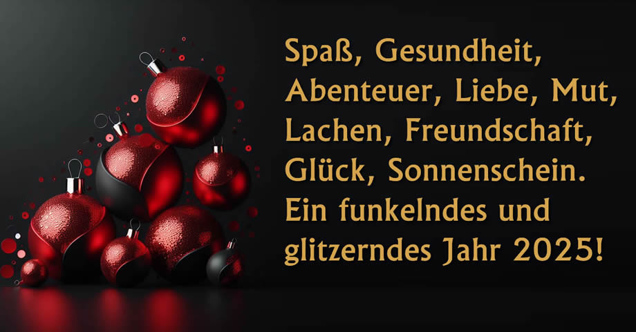 Virtuelle Postkarte mit Satz: Spaß, Gesundheit, Abenteuer, Liebe, Mut, Lachen, Freundschaft, Glück, Sonnenschein. Ein funkelndes und glitzerndes Jahr 2025!