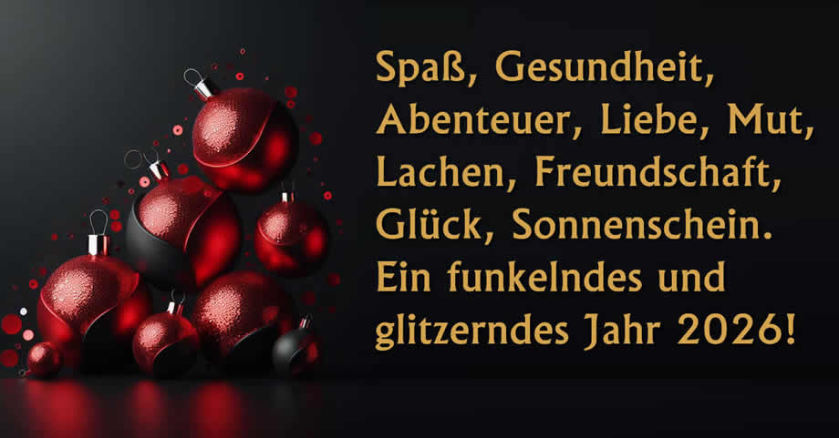Virtuelle Postkarte mit Satz: Spaß, Gesundheit, Abenteuer, Liebe, Mut, Lachen, Freundschaft, Glück, Sonnenschein. Ein funkelndes und glitzerndes Jahr 2026!