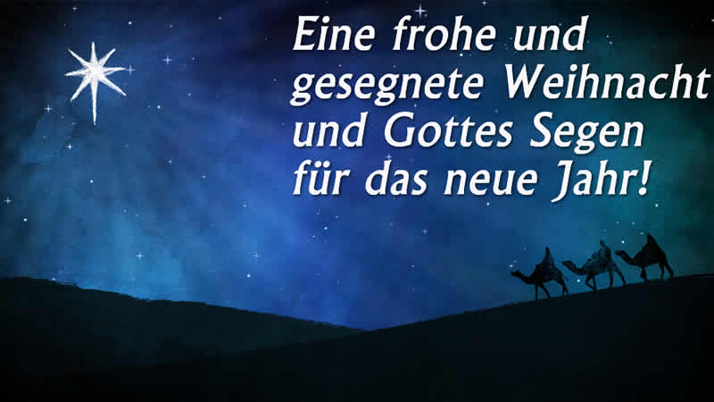 Christlich-religiöses Bild mit den drei Weisen, die dem Kometenstern mit einer spirituellen Segensbotschaft für frohe Weihnachten und ein glückliches 2025 folgen