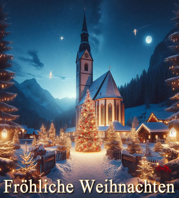 Bild mit Weihnachtsbaum und Geschenken auf rotem Hintergrund und Grußtext