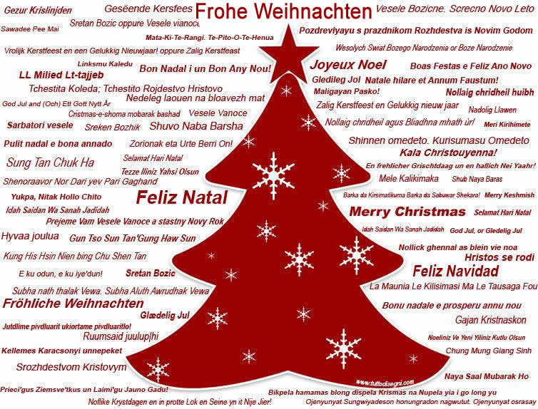 Frohe Weihnachten in den Sprachen der Welt mit Weihnachtsbaum