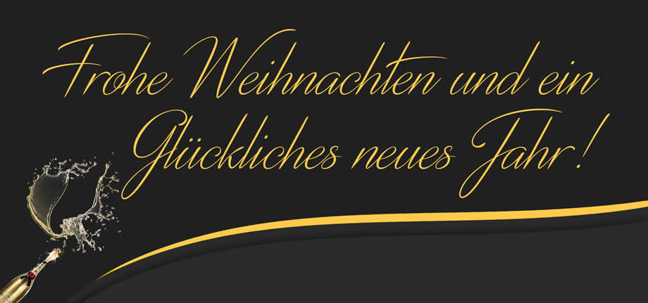 Elegantes schwarz-goldenes Bild mit kalligraphischem Text „Frohe Weihnachten und ein glückliches neues Jahr“.