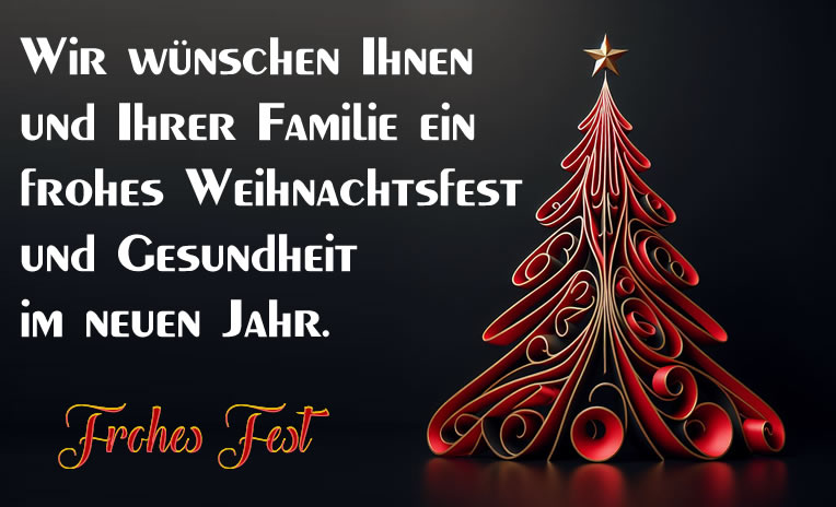 Bild mit stilisiertem goldfarbenem Weihnachtsbaum und Frohes neues Jahr 2025 Text
