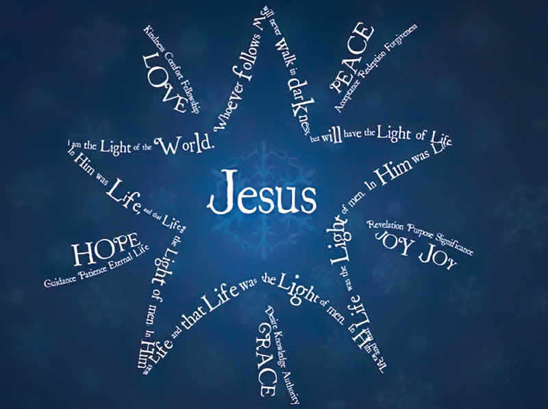 blaues Hintergrundbild mit Stern aus englischem Text mit Jesus in der Mitte und dann Frieden, Liebe, Freude, Hoffnung, Gnade