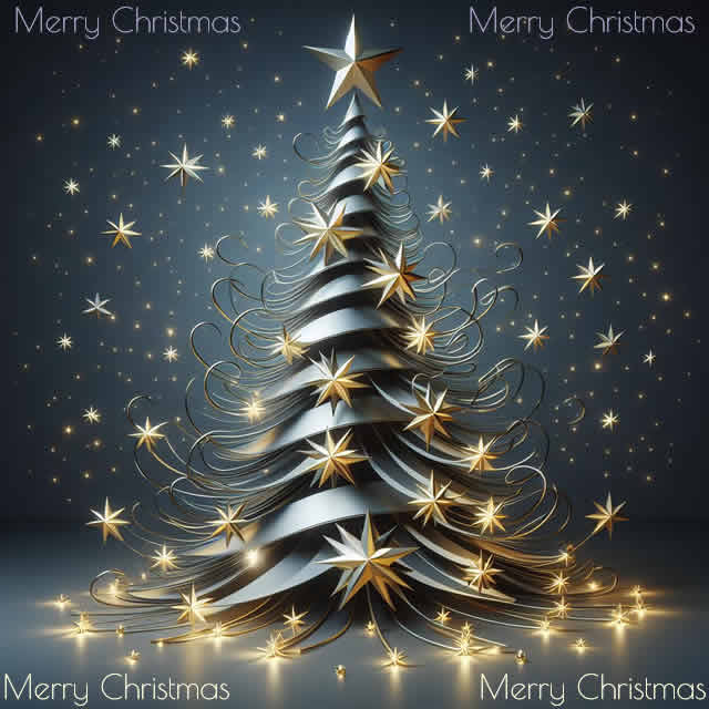 Bild mit Text Frohe Weihnachten mit Baum aus Sätteln, geeignet für Firmengrüße, ernst aber schön. Merry Christmas Wishes.