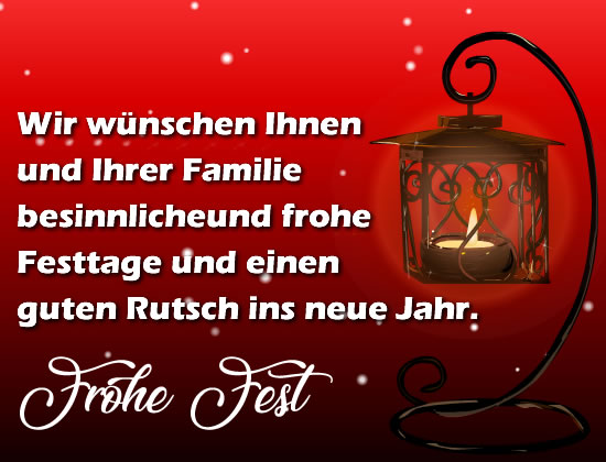 Weihnachtsrotes Bild mit Lampe und Grußbotschaft: Wir wünschen Ihnen und Ihrer Familie besinnlicheund frohe Festtage und einen guten Rutsch ins neue Jahr. Frohe Fest.