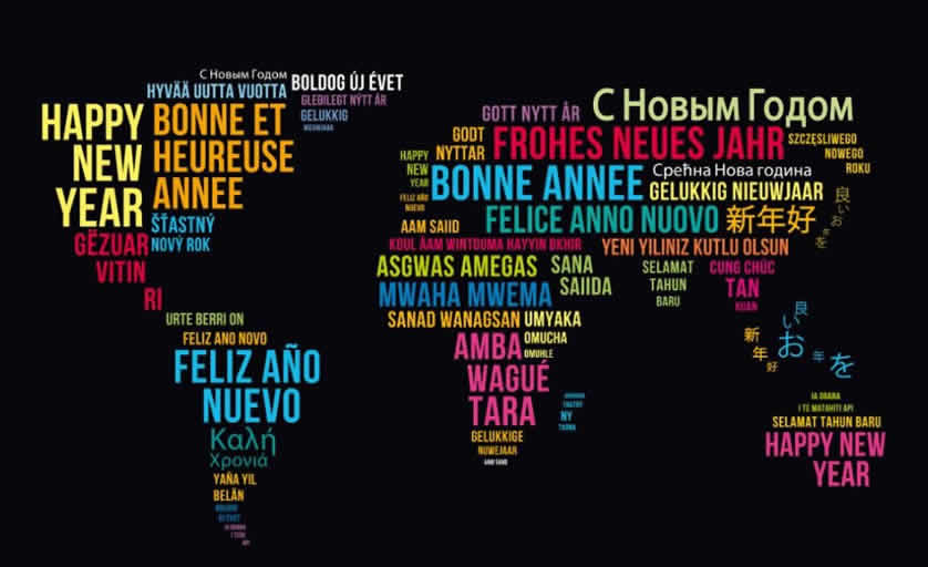 Bild mit geografischer Karte mit Angabe, wie Wir sagen ein frohes neues Jahr in diesem Land oder Teil der Welt
