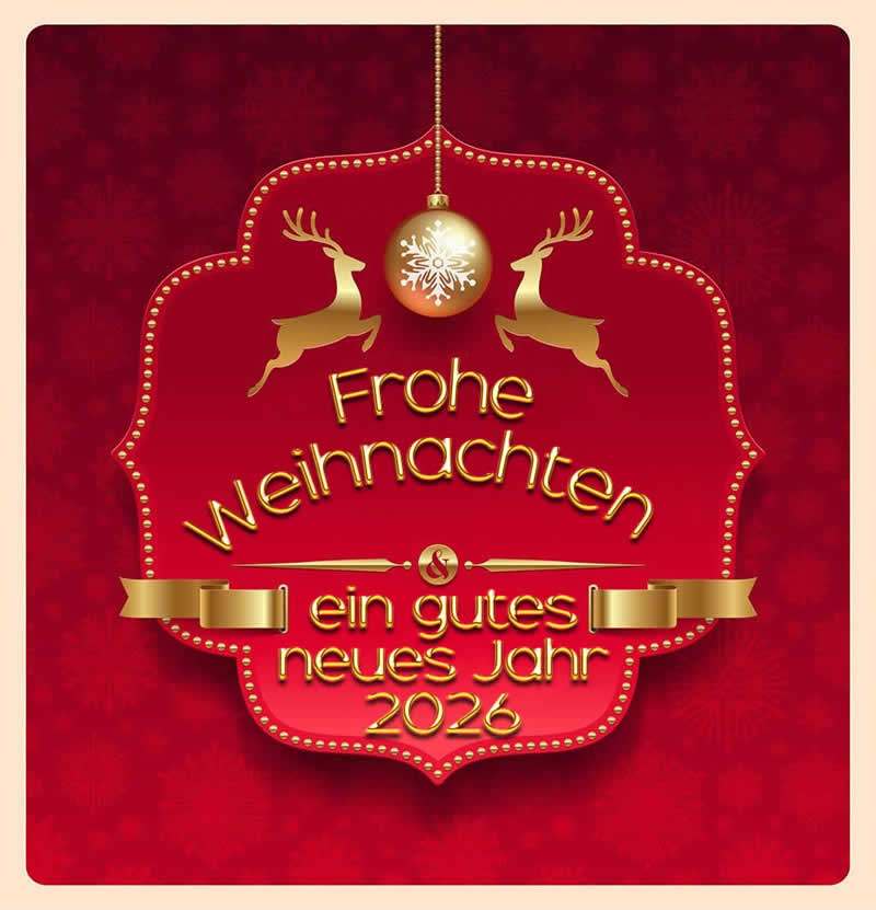 Elegant Bildgrüße von Kollegen, Fachleuten, Kunden und Unternehmen. Geschrieben in Goldwünschen für frohe Weihnachten und ein glückliches Jahr 2026 mit Weihnachtssymbolen