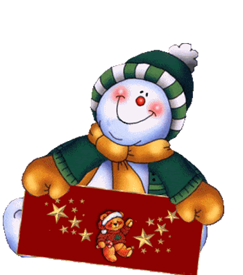 Lustiges animiertes GIF mit einem Schneemann und einem Schild mit der Aufschrift: FROHE WEIHNACHTEN