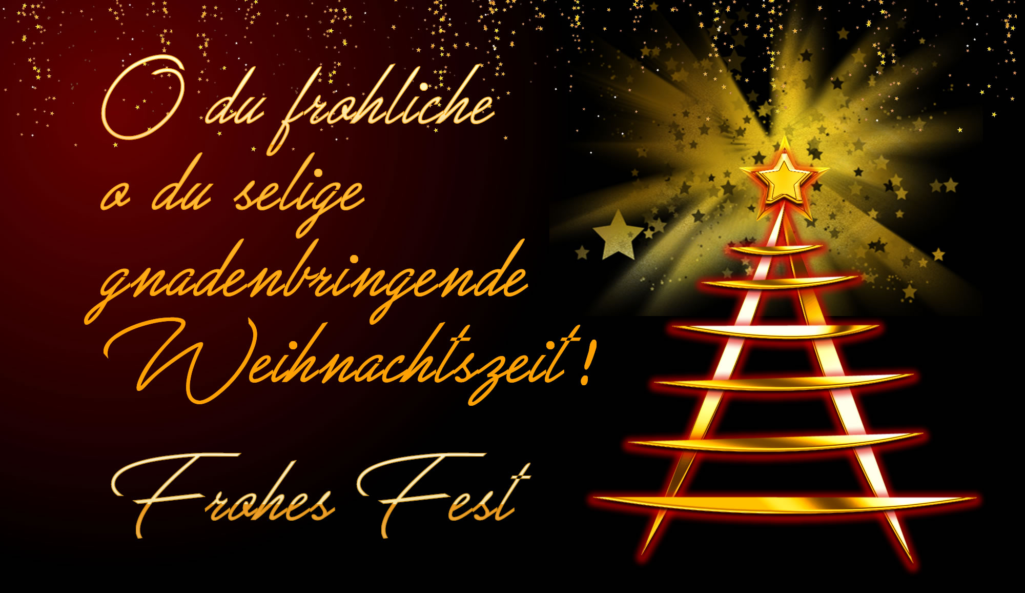 Bild mit glitzernder Weihnachtsbaum und Widmung mit Text.