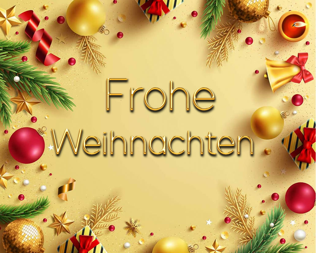 elegantes Bild auf gelbem Grund mit Weihnachtsdekorationen und frohen Weihnachten geschrieben in Gold