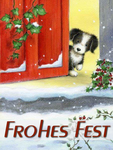 Süße Zeichnung mit Hund Blick aus der Tür mit Weihnachtsschmuck und BEST WISHES Text