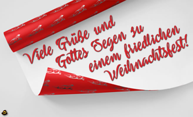 Bild mit Begrüßungsnachricht auf Geschenkpapier: Viele Grüße und Gottes Segen zu einem friedlichen Weihnachtsfest!