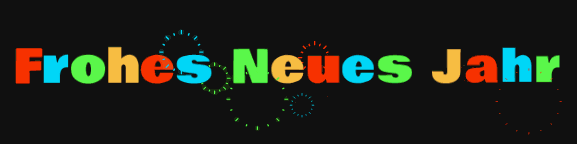 Animiertes GIF-Bild mit farbigem Text von Frohes Neues Jahr 2025 und herumplatzendem Feuerwerk