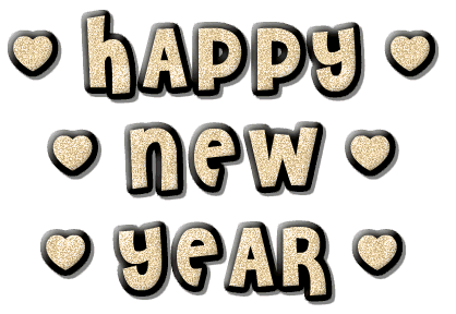 Glitter animierter GIF HAPPY NEW YEAR 2025 Text in funkelndem Gold mit kleinen Herzen.