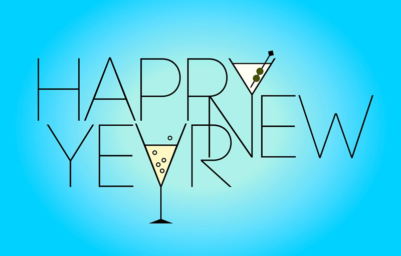 Bild mit GLÜCKLICHEM Text Neujahrsgrüße mit Gläsern, die um Mitternacht des neuen Jahres zum Anstoßen bereit sind.