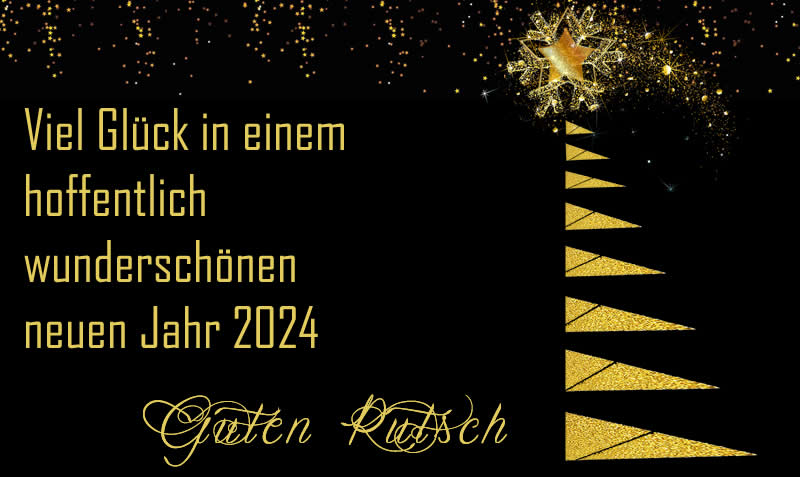 Elegantes Bild mit stilisiertem Weihnachtsbaum in Goldfarbe und Komet mit Begrüßungsnachricht