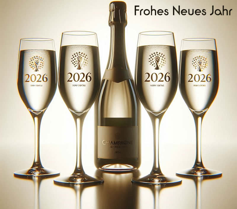 Foto mit einer Flasche Sekt und 4 Bechern mit den Zahlen, aus denen das neue Jahr 2026 besteht
