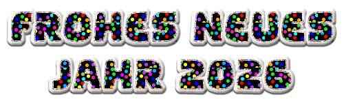 Animation Glitter Gif Frohes Neues Jahr 2026 Text mit Feuerwerk und gelbem Rand.