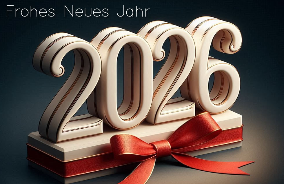 3D-Bild mit quadratischem Text HAPPY 2026 farbiger Metalltyp