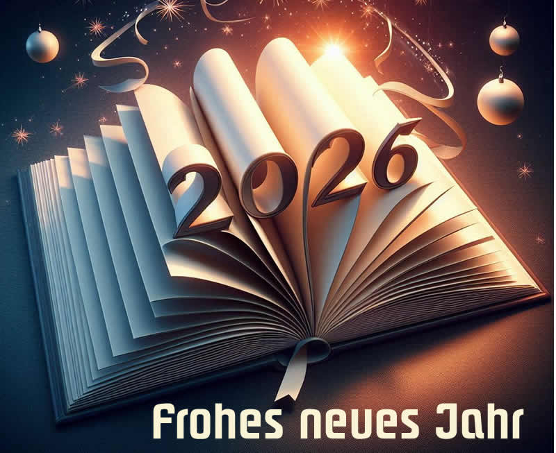 Bild mit Text Frohes Neues Jahr 2026 mit durchblätternder Seite