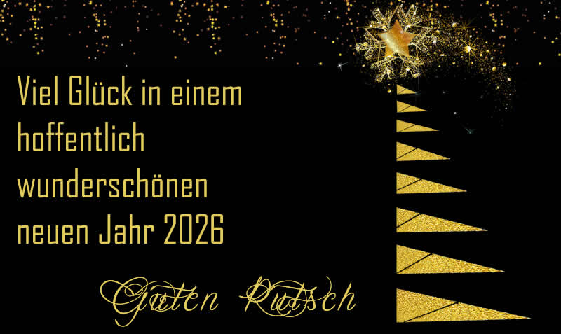 Elegantes Bild mit stilisiertem Weihnachtsbaum in Goldfarbe und Komet mit Begrüßungsnachricht