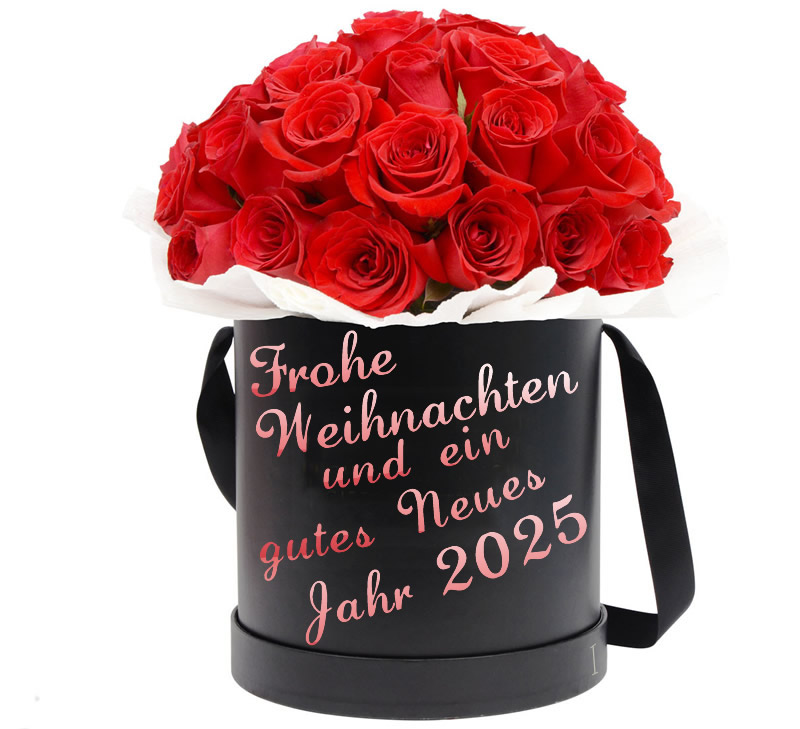 Bild mit einem schönen Strauß roter Rosen in einer eleganten schwarzen Box. 