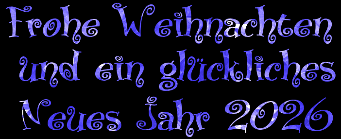 Animierter GIF-Text Frohe Weihnachten und Happy 2026 mit Fade-Effekt auf Hellblau/Blau. 