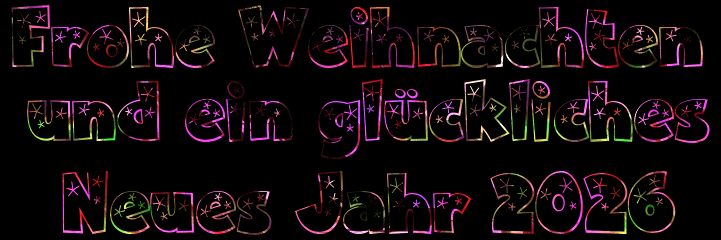 Animiertes GIF Frohe Weihnachten und ein gutes neues Jahr 2026 Text mit dynamischem Überblendungseffekt auf Grün/Gelb.