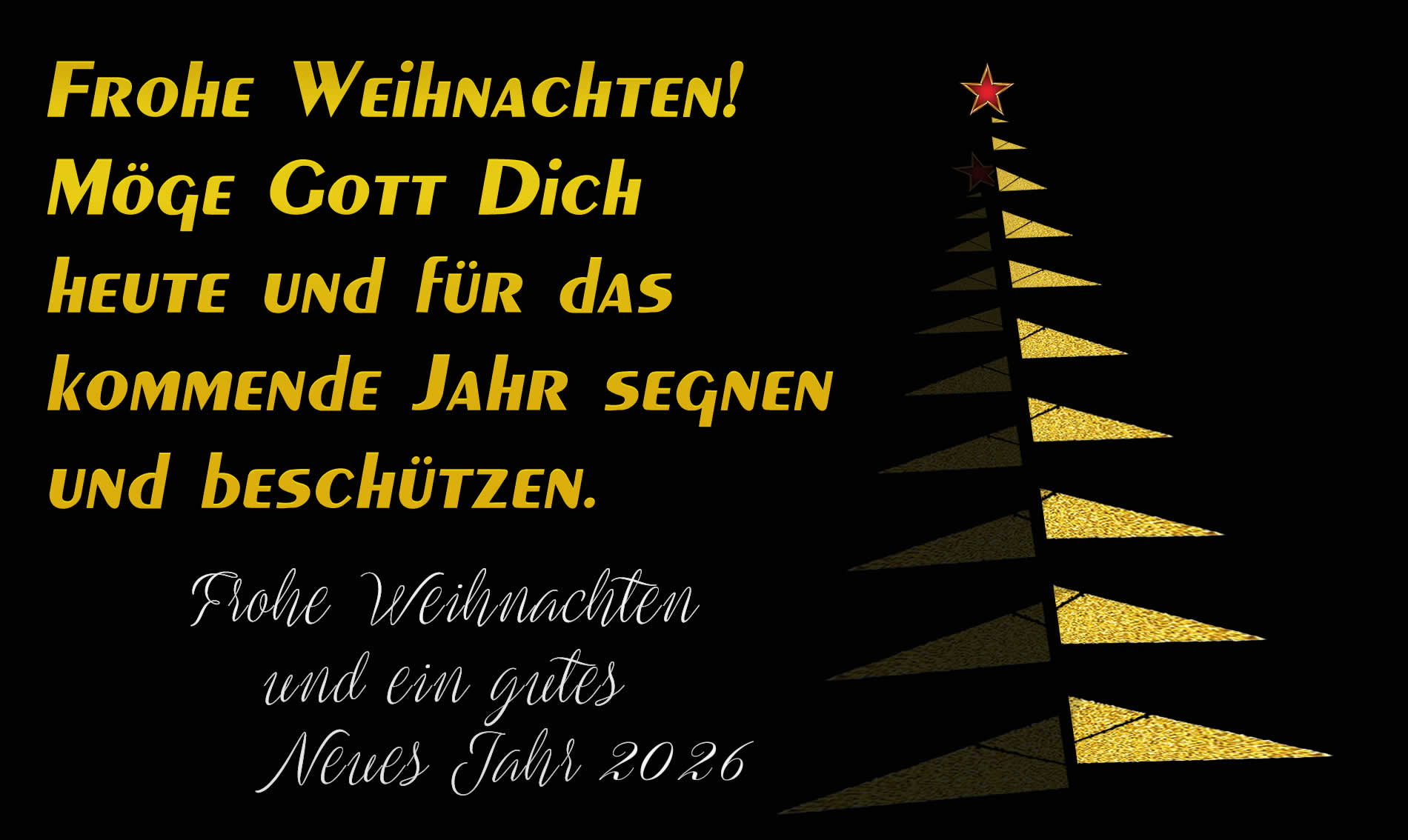 schwarzes Hintergrundbild mit stilisiertem Weihnachtsbaum und Hut mit Happy 2026-Schrift und einer schönen Begrüßungsnachricht 