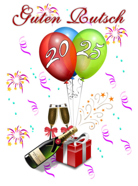 Bild mit Gläsern und Sekt zum Anstoßen um Mitternacht des neuen Jahres mit farbigen Luftballons mit 2025
