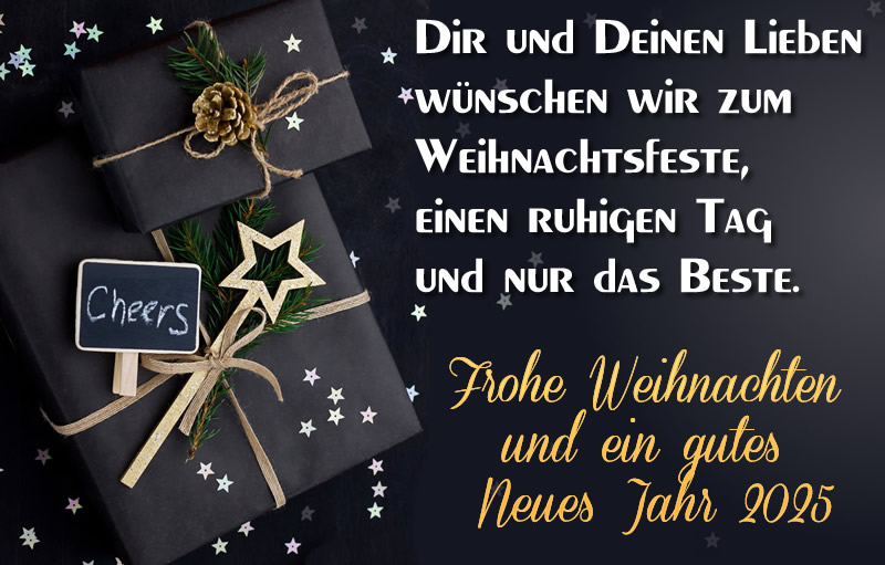 elegantes Bild zum Teilen als Grußkarte für frohe Neujahrsferien, dunkle Farbe, kleine Sterne und Geschenke