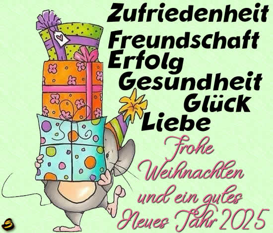 fröhliches und lustiges Bild mit einer kleinen Maus, die viele Geschenke mit einer frohen Feiertagsnachricht trägt: Zufriedenheit Freundschaft Erfolg Gesundheit Glück Liebe. Frohe Weihnachten und ein gutes Neues Jahr 2024