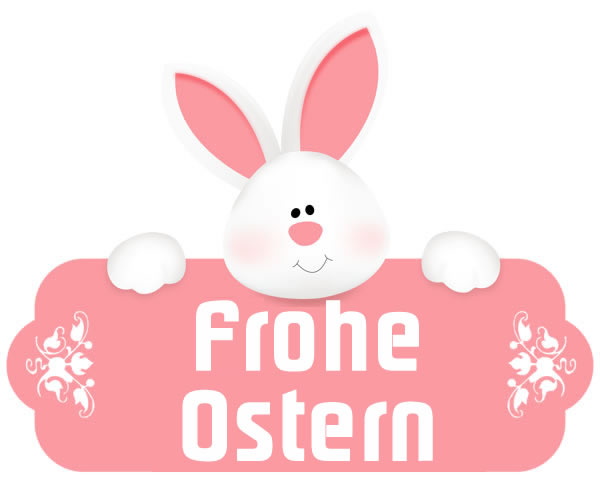 Bild eines Häschens, das ein frohes Ostern-Plakat hält