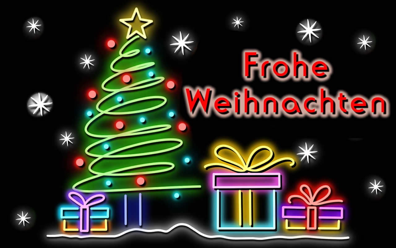 Bild mit Weihnachtsbaum und Geschenken mit Neonlichteffekt