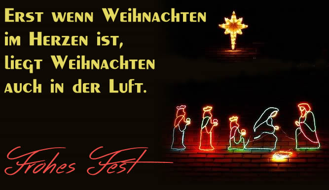 Bild mit einer Krippe Grußkarte mit den Magiern und dem Kometen aus Lichtern und Text Frohe Weihnachten