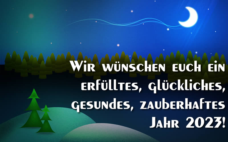 Weihnachtsbild in der Nacht mit Tannen und ein frohes neues Jahr 2025 mit Text: Wir wünschen euch ein erfülltes, glückliches, gesundes, zauberhaftesJahr 2025!