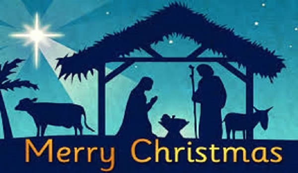 Bild mit Darstellung der Krippe und der frohen Weihnachtsschrift