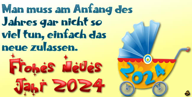 Bild mit dem Baby 2025 im Kinderwagen und eine Formulierung der Wünsche für ein frohes neues Jahr 2025