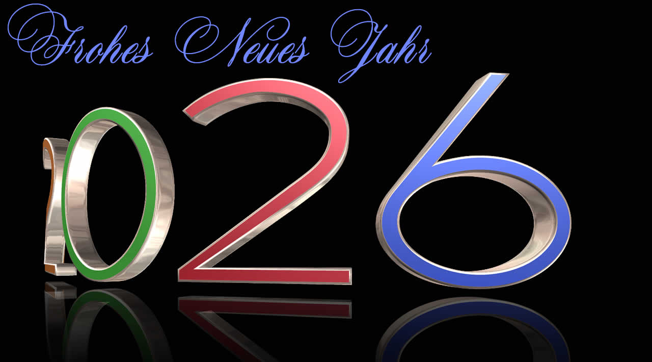 Elegantes Bild mit farbigem 2026-Text und in 3D gebogen und mit Schatten