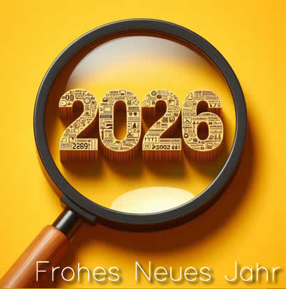Gelbes Hintergrundbild mit der Inschrift 2026 mit Lupe. Schön und original.