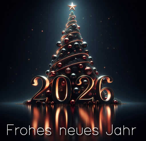 Elegantes Bild mit Weihnachtsbaum, geschmückt mit vielen dekorativen und goldfarbenen Kugeln mit der Nummer 2026