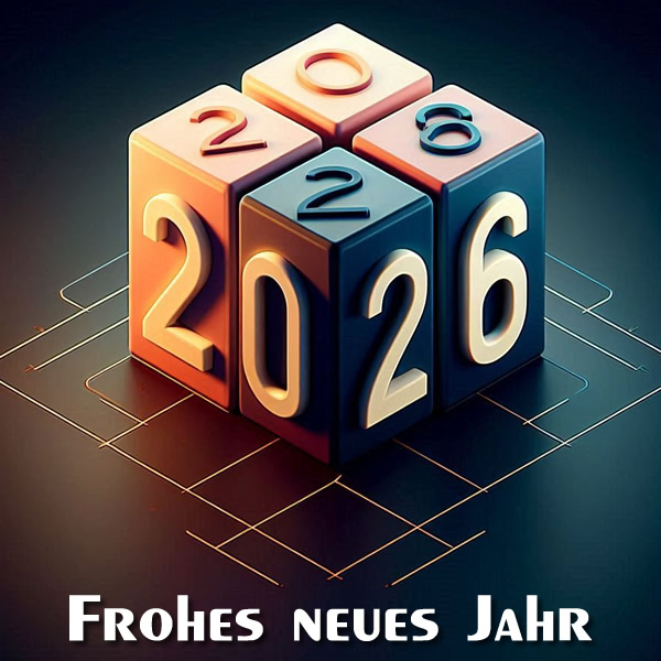 Bild eines Würfels bestehend aus den Worten Frohes Neues Jahr 2026