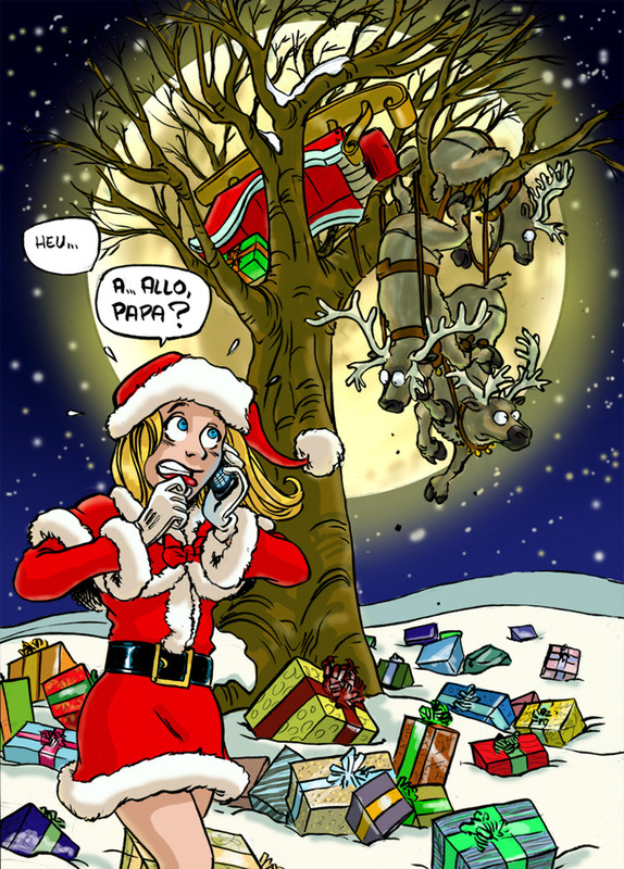 Humorvolles Bild mit Santas Tochter, die ihren Vater wegen eines kleinen Unfalls mit ihrem Schlitten anruft, der mit dem Rentier in einem Baum gelandet ist.