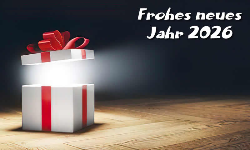 Grußkarte mit dem Bild eines Geschenkpakets, das mit viel Licht und einer Botschaft von schönen Feiertagen geöffnet wird