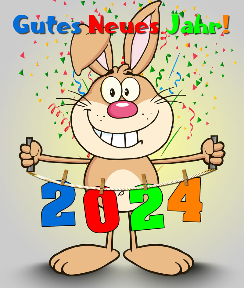 Clipart Frohes neues Jahr 2025 mit niedlichen lächelnden Kaninchen.